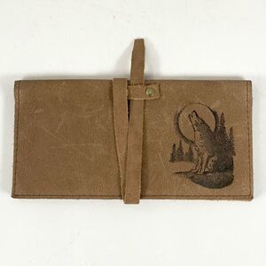Handmade Leather Wallet Brown Tan Howling Wolf Unisex Primitive Card Holder‎